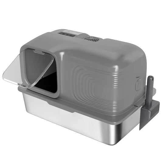 PawHut 65L Extra Large Stainless Steel Litter Tray with Plasma Deodoriser System, High Sided, Easy to Clean & Odour-Resistant
