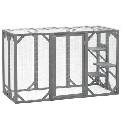 PawHut 71" Outdoor Wooden Cat House with Three Platforms, Large Door, Water-Resistant Roof, for Multiple Cats, Grey
