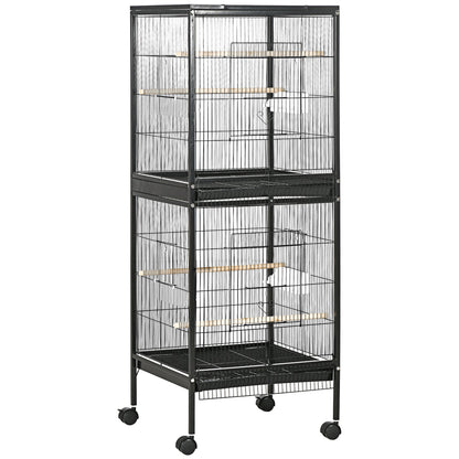 PawHut Bird Cage Budgie Cage 2 In 1 Large Aviary with Wheels Removable Trays for Finch Canaries Cockatiels Black