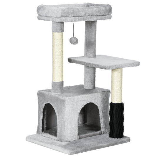 PawHut Cat Tree for Indoor Cats Climbing Tower Kitten Scratch Post Activity Center Kitten with Massage Toy Hanging Ball Bed Condo Perch 48 x 48 x 85cm Grey