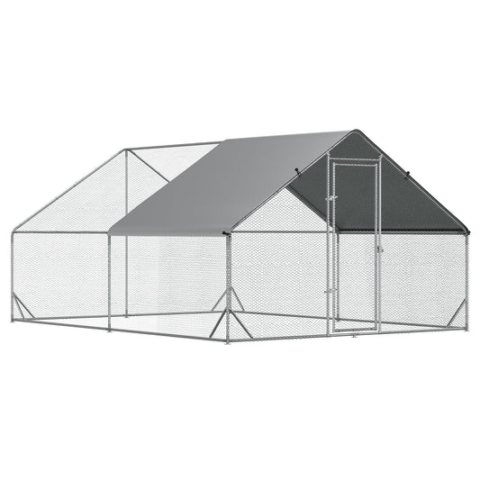 PawHut Chicken Walk-in Run, Galvanised Chicken Coop, Hen Poultry House Cage, Rabbit Hutch Pet Playpen Garden w/ Water-Resist Cover, 3 x 4 x 2m