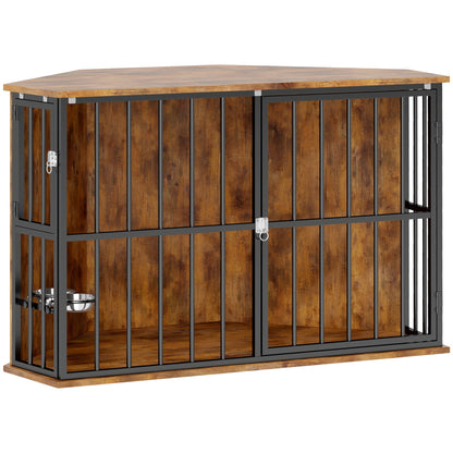 PawHut Corner Dog Crate Furniture with Two Bowls, Lockable Doors, for Small, Medium Dogs, Rustic Brown