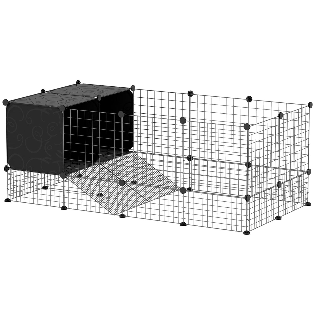 PawHut DIY Small Animal Cage with Elevated Huts in Black