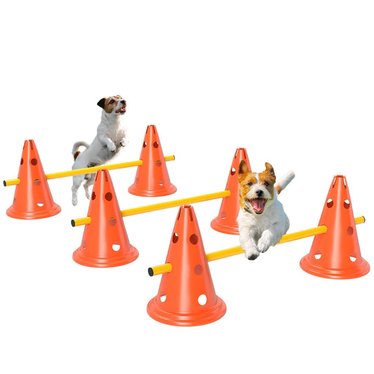 PawHut Dog Agility Equipment Set of Six Cones, Six Poles with Carry Bag, Three-Piece Adjustable Height Jumping Obstacles Orange