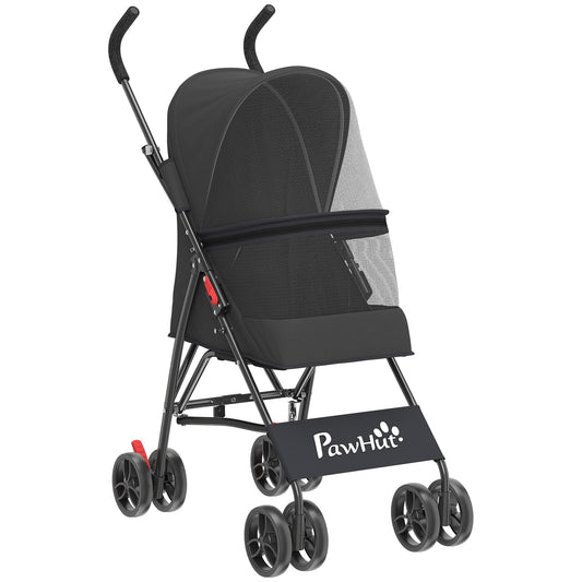 PawHut Dog Stroller, Foldable Cat Dog Pram for Miniature Breeds, Pet Stroller with Brake, Mesh Windows, Black