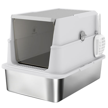 PawHut Extra Large Stainless Steel, Cat Litter Tray with Scoop, Flip Top