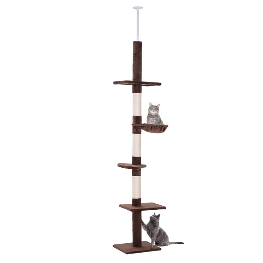 PawHut Floor to Ceiling Cat Tree 230-260cm Height Adjustable, 5-Tier Cat Tower with Scratching Posts, Hammock, Perches, Climbing Activity Centre for Indoor Kittens Playing and Relaxing, Brown