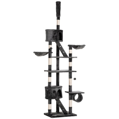 PawHut Floor-to-Ceiling Cat Tree for Indoor Cats, 240-260cm Adjustable Cat Tree - Dark Grey
