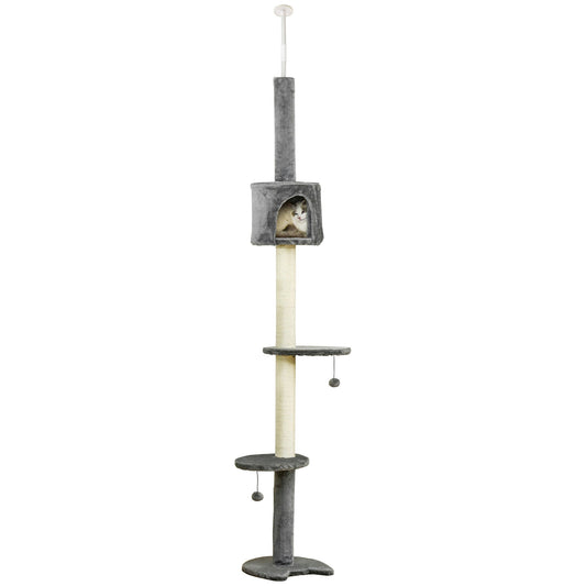 PawHut Floor to Ceiling Cat Tree for Indoor Cats, Kitten Tower, Condo, Multi-Layer Activity Center, Indoor Pet Play House with Solid Scratching Post Hanging Balls, Light Grey
