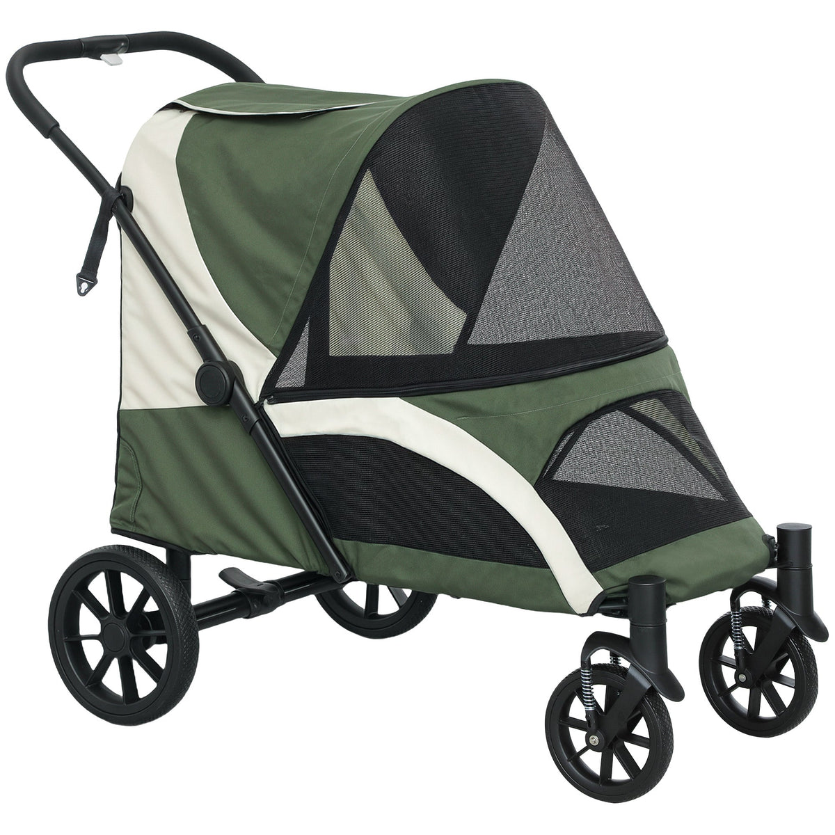 PawHut Foldable Pet Stroller for Large Dogs with Four Big Wheels, Shock-Absorbing Frame, Safety Leashes, Brakes, Dark Green