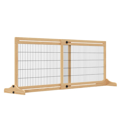 PawHut Freestanding Dog Gate, Foldable Pet Fence, Indoor Wood Barrier, Stair Gate with Support Feet, for Doorway, Hallway, Small and Medium Dogs, 69H x 104-183 cm, Natural Wood Finish