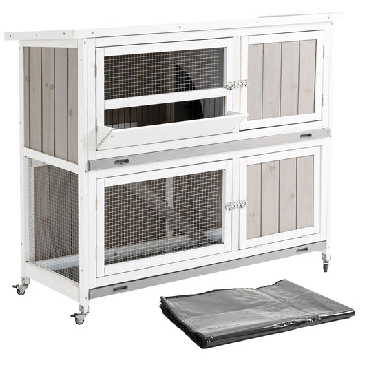 PawHut Wooden Pet Hutch, Two-Tier Cage with Rain Cover, Wheels, White