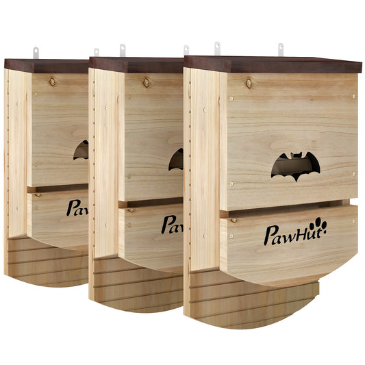 PawHut Set of 3 Wooden Bat Houses in Natural Wood