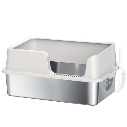 PawHut Stainless Steel Litter Box with Detachable Rim, Scoop, Easy Cleaning, Odour-Resistant, 60 x 40 x 28 cm