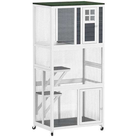 PawHut Wooden Catio Cat Outdoor Enclosure, Cat Cage with Waterproof Roof, Platforms, for Multiple Cats, White