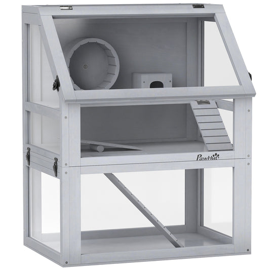 PawHut Wooden Hamster Cage with Detachable 32cm Deep Bottom in Light Grey