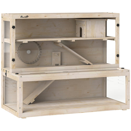 PawHut Wooden Hamster Cage with Hut in a Natural Wood Finish