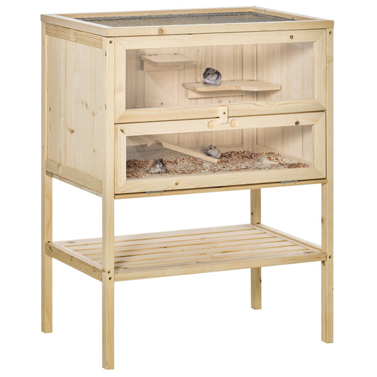 PawHut Wooden Hamster Cage with Storage Shelf in a Natural Wood Finish