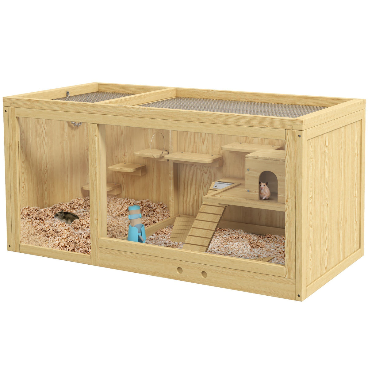 PawHut Wooden Hamster Cage with Water Bottle in a Natural Wood Finish