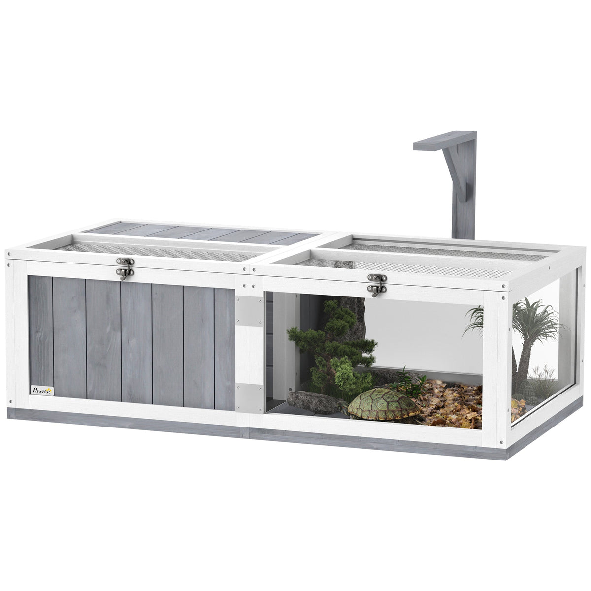 PawHut Wooden Tortoise House with Lamp Holder, Clear Windows, Openable Tops, Built-In Tray, Light Grey