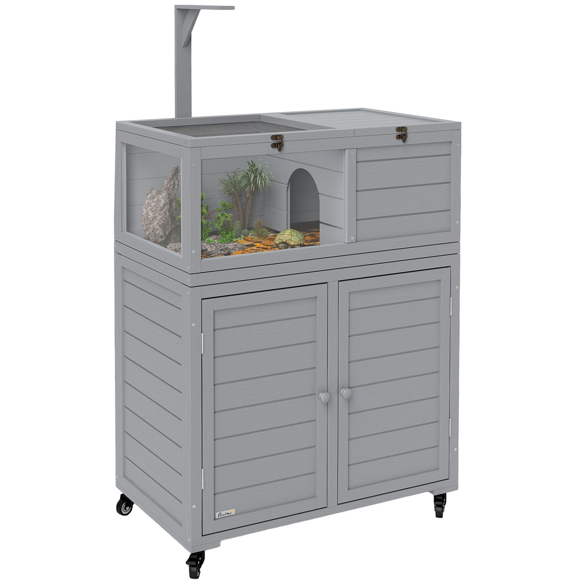 PawHut Wooden Tortoise House with Storage Cabinet, Openable Top, Lamp Holder, Windows, Light Grey