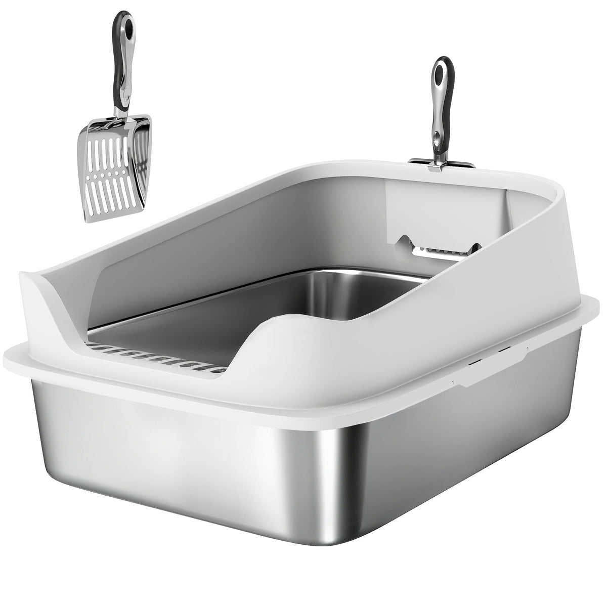 PawHut XL Stainless Steel Cat Litter Box with High Sides, Metal Scoop, 60 x 40 x 30 cm