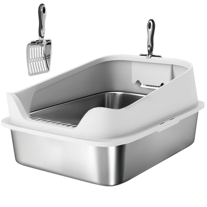 PawHut XL Stainless Steel Cat Litter Box with High Sides, Metal Scoop, 60 x 40 x 30 cm