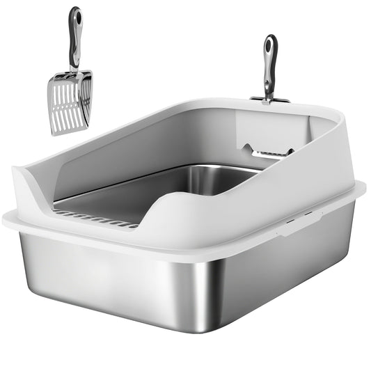 PawHut XL Stainless Steel Cat Litter Box with High Sides, Metal Scoop, 60 x 40 x 30 cm