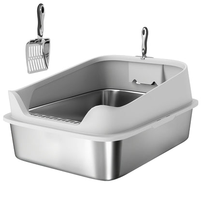 PawHut XXL Stainless Steel Cat Litter Box with High Sides, Metal Scoop, 70 x 50 x 30 cm