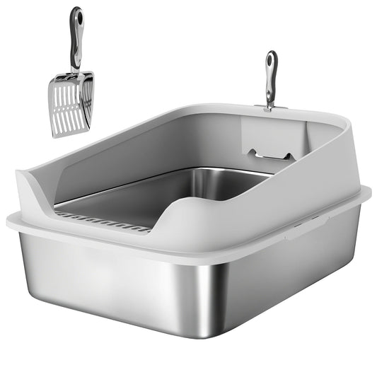 PawHut XXL Stainless Steel Cat Litter Box with High Sides, Metal Scoop, 70 x 50 x 30 cm