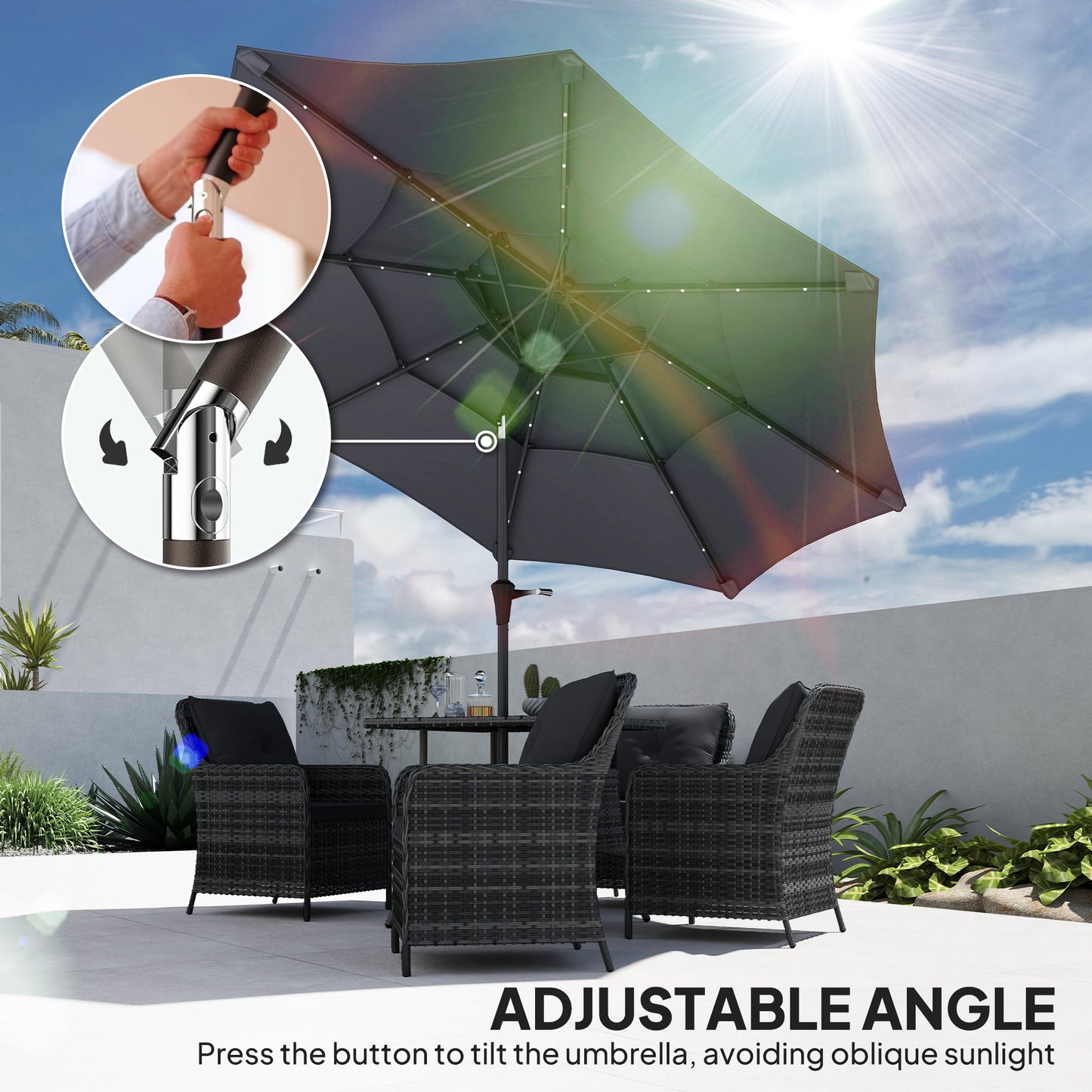 Outsunny 3-poziomowy parasol ogrodowy z lampami LED zasilanymi energią słoneczną, UPF 30+, mechanizmem pochylania i korbą, na taras w kolorze ciemnoszarym
