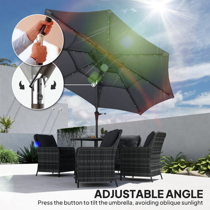 Outsunny 3-poziomowy parasol ogrodowy z lampami LED zasilanymi energią słoneczną, UPF 30+, mechanizmem pochylania i korbą, na taras w kolorze ciemnoszarym