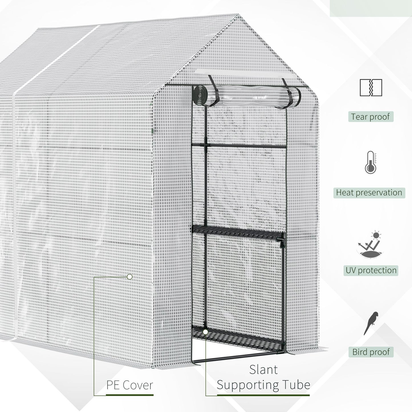 Outsunny Walk In Greenhouse z 2-poziomowymi półkami, zwijane drzwi z panelem Zip, ogrodowy tunel foliowy Steeple Grow House na zewnątrz, 6 x 4 x 6 stóp, biały