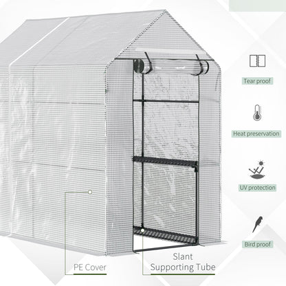 Outsunny Walk In Greenhouse z 2-poziomowymi półkami, zwijane drzwi z panelem Zip, ogrodowy tunel foliowy Steeple Grow House na zewnątrz, 6 x 4 x 6 stóp, biały