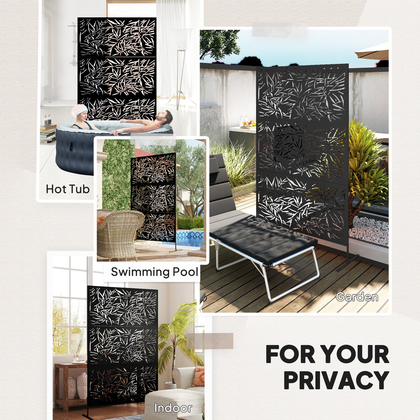 Outsunny Dekoracyjny Ekran Prywatności Ogrodowej ze Stojakiem, 6.5FT Wolnostojący Metalowy Zewnętrzny Przegroda, Dekoracyjny Panel Prywatności ze Śrubami Rozporowymi do Ogrodowego Basenu z Wanną Z Hydromasażem, Styl Bambusowy, Czarny