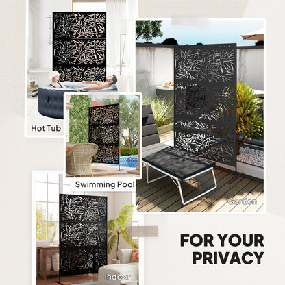 Outsunny Dekoracyjny Ekran Prywatności Ogrodowej ze Stojakiem, 6.5FT Wolnostojący Metalowy Zewnętrzny Przegroda, Dekoracyjny Panel Prywatności ze Śrubami Rozporowymi do Ogrodowego Basenu z Wanną Z Hydromasażem, Styl Bambusowy, Czarny