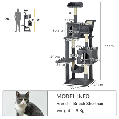 PawHut 177cm Cat Tree for Indoor Cats, Multi-level Kitten Climbing Tower with Scratching Posts, Condos, Hammock, Perches, Toy Ball, Dark Grey