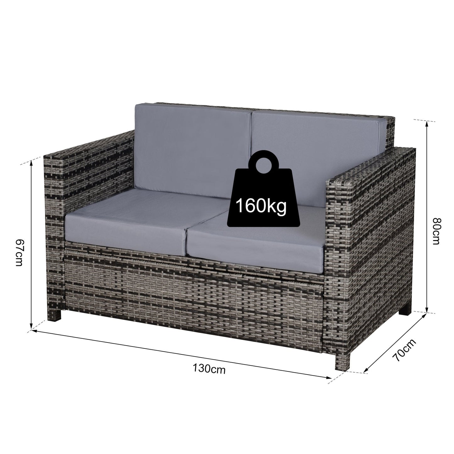 Outsunny 2 Seater Rattan Sofa Chair All-Weather Wicker Weave Chair Outdoor Garden Patio Furniture - Grey