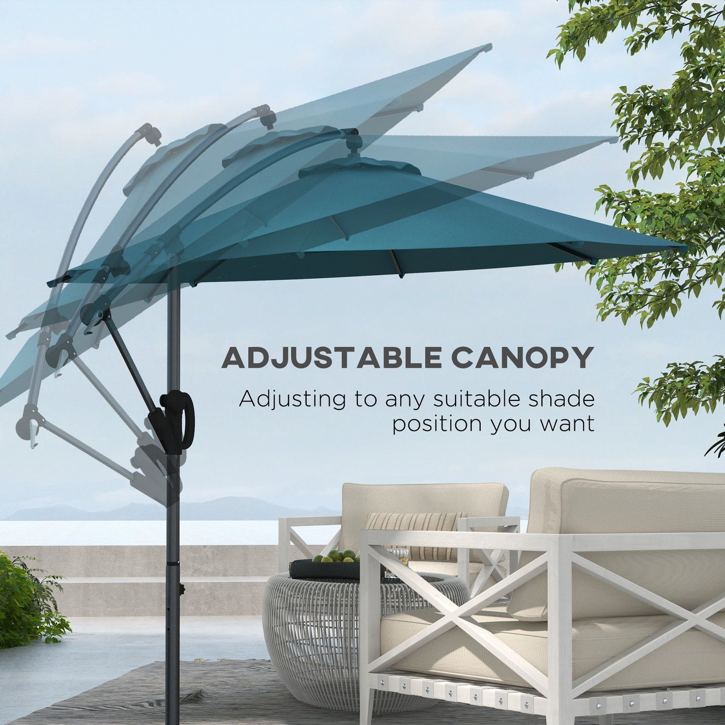 3 Metre Cantilever Banana Parasol / Cross Base / Crank Handle, Tilt And 8 Ribs, Round Hanging Patio Umbrella For Pool Garden Balcony - Blue