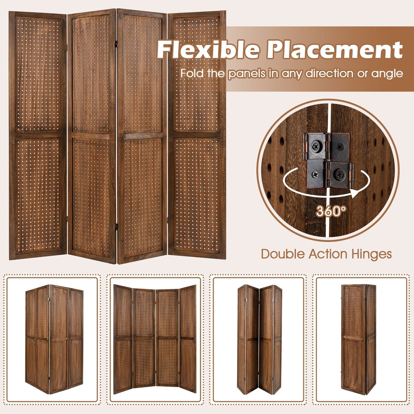 170cm 4-Panel Folding Room Divider with 360° Metal Hinges and Solid Wood Frame-4-Panel