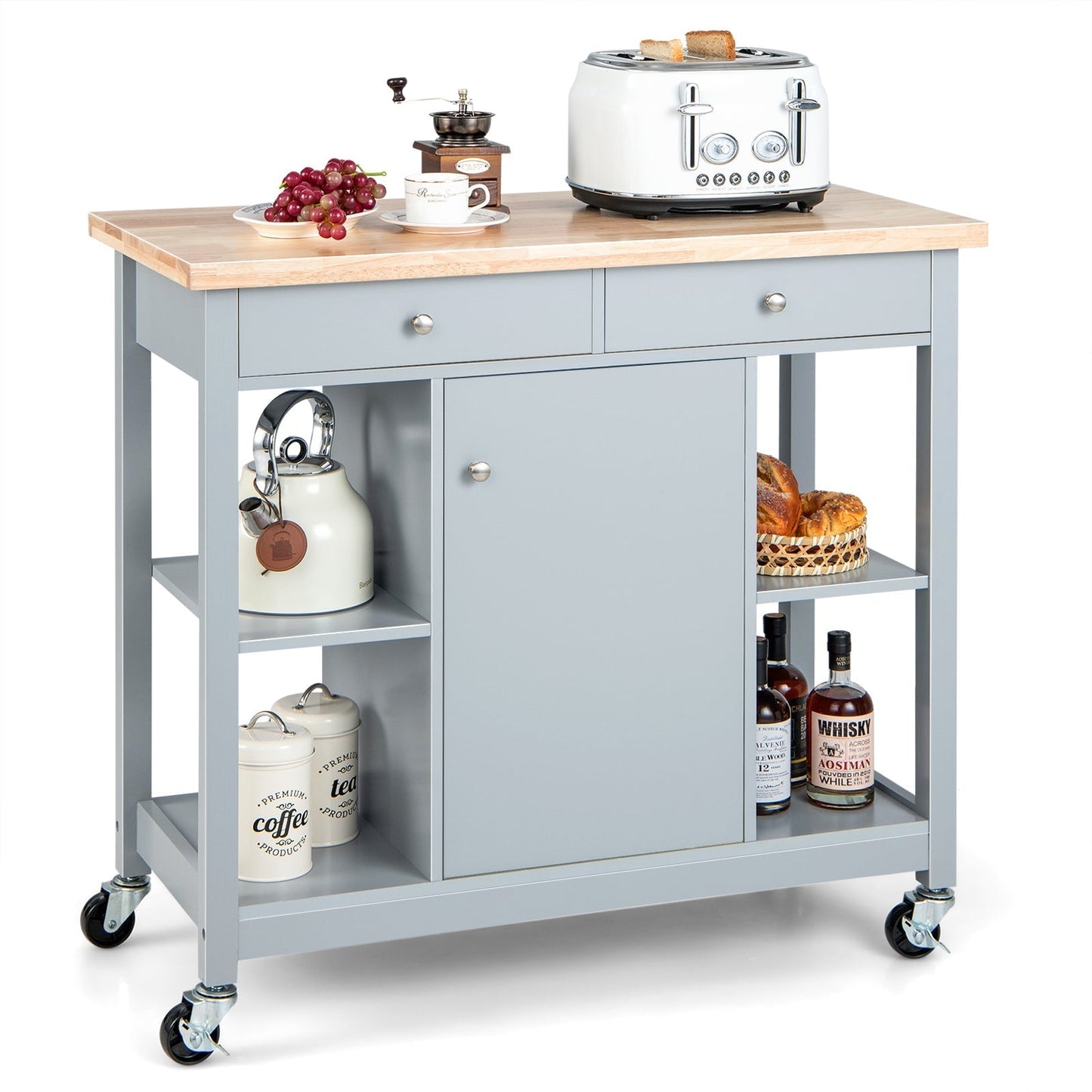 Mobile Kitchen Island Cart Rolling Kitchen Island with Rubber Wood Top-Grey