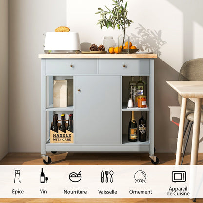 Mobile Kitchen Island Cart Rolling Kitchen Island with Rubber Wood Top-Grey