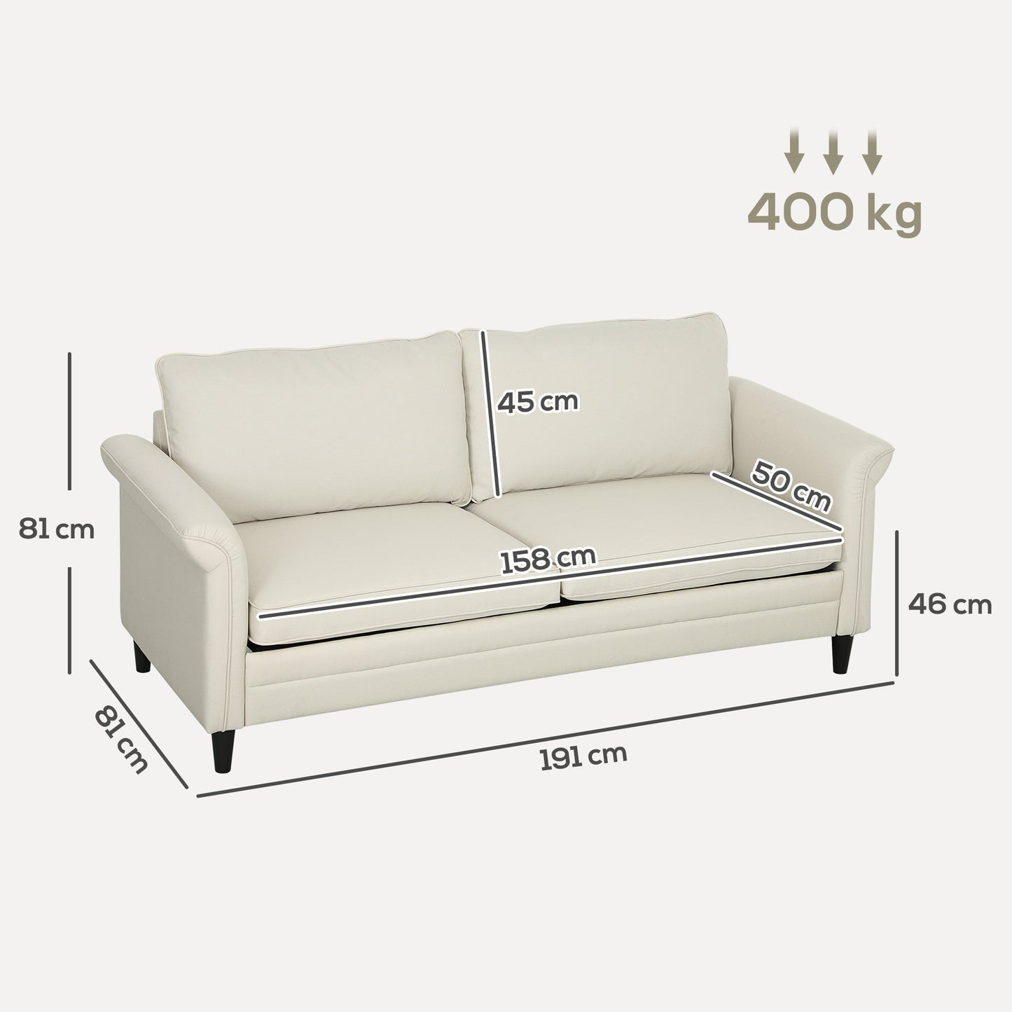 HOMCOM 3 Seater Sofa, Modern Fabric Sofa Couch with Spring Cushion, Rubber Wood Legs, 191cm Upholstered Settee for Living Room, Bedroom, Home Office, Guest Room, Cream White