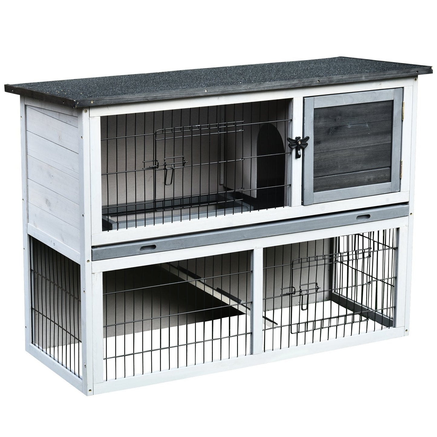 PawHut Small Animal Two-Level Fir Wood Guinea Pigs Hutches Bunny Cage w/ Slide Out Tray Grey