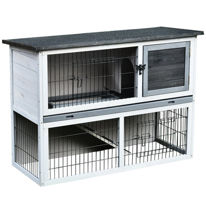 PawHut Small Animal Two-Level Fir Wood Guinea Pigs Hutches Bunny Cage w/ Slide Out Tray Grey