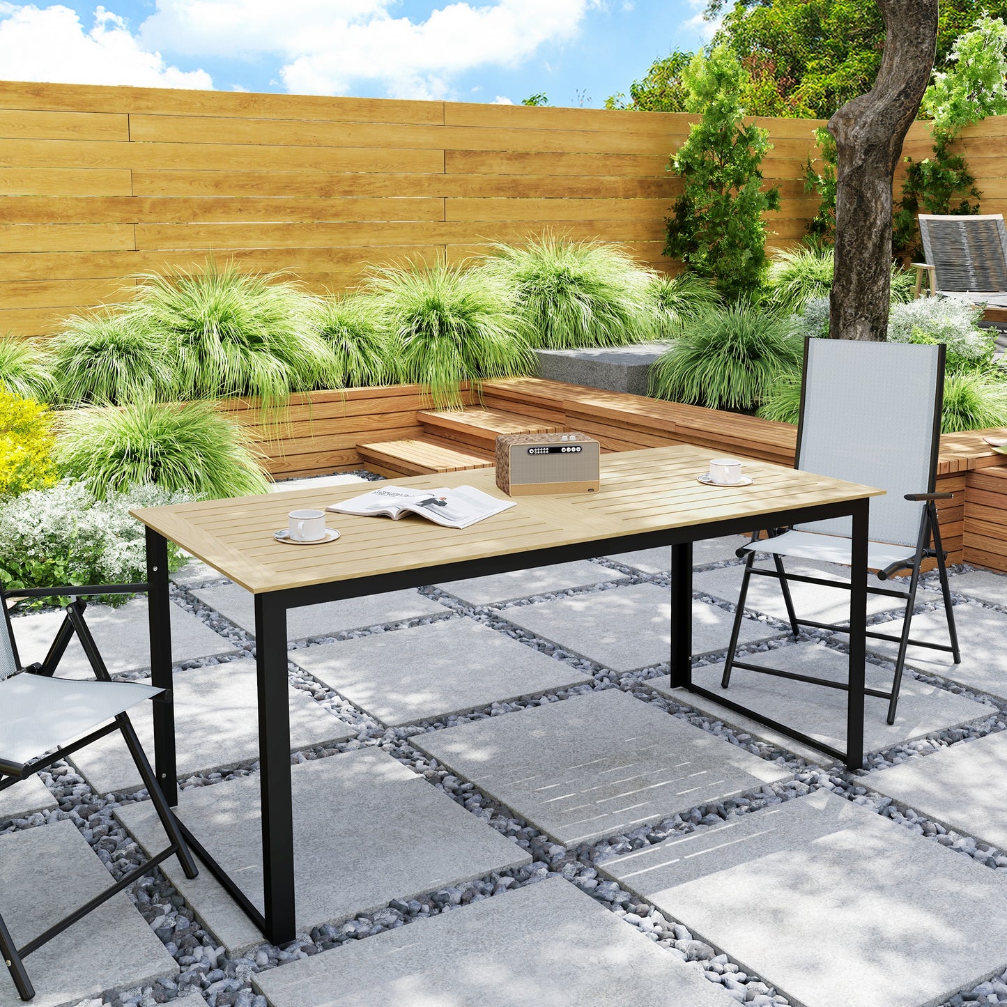 Stół ogrodowy Outsunny dla 6 osób, prostokątny stół jadalny do użytku na zewnątrz, 175 x 78 x 75 cm, z blatem z listew, metalowa rama, na balkon, taras, drewno tekowe