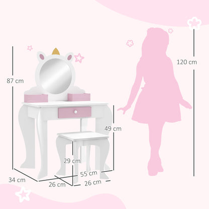 ZONEKIZ Unicorn-Design Kids Dressing Table, with Mirror and Stool - White