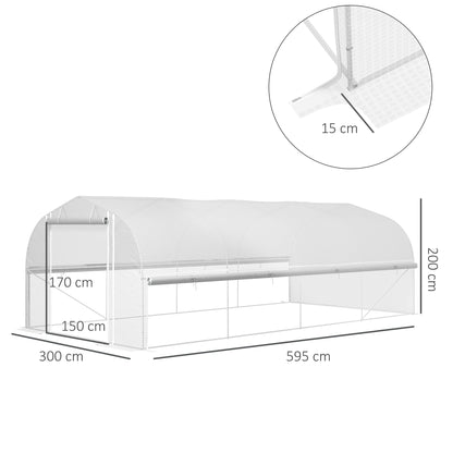 Tunel foliowy Outsunny 6 x 3 x 2 m, ściany boczne zwijane na zamek błyskawiczny, drzwi z siatki, 8 okien z siatki, namiot tunelowy z pokrowcem z polietylenu, bezpłatne etykiety na rośliny i rękawiczki, kolor biały