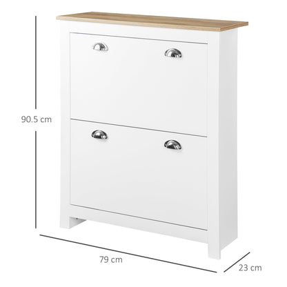 HOMCOM 2 Drawer Shoe Cabinet Modern Narrow Shoe Cupboard Hallway Wooden Storage Organiser with Flip Doors Adjustable Shelf for 6-12 Pairs, White
