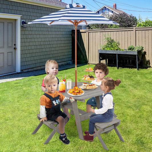 Kids Picnic Table with 4 Chairs and Adjustable Umbrella for Patio Garden Backyard-Grey